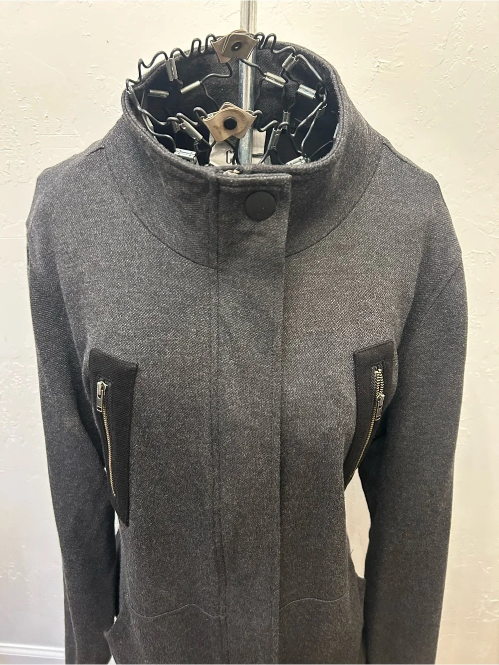 Cabi Gray Moto Jacket Large Mesh Back‎ Zip Detail Belted Sweater Jacket